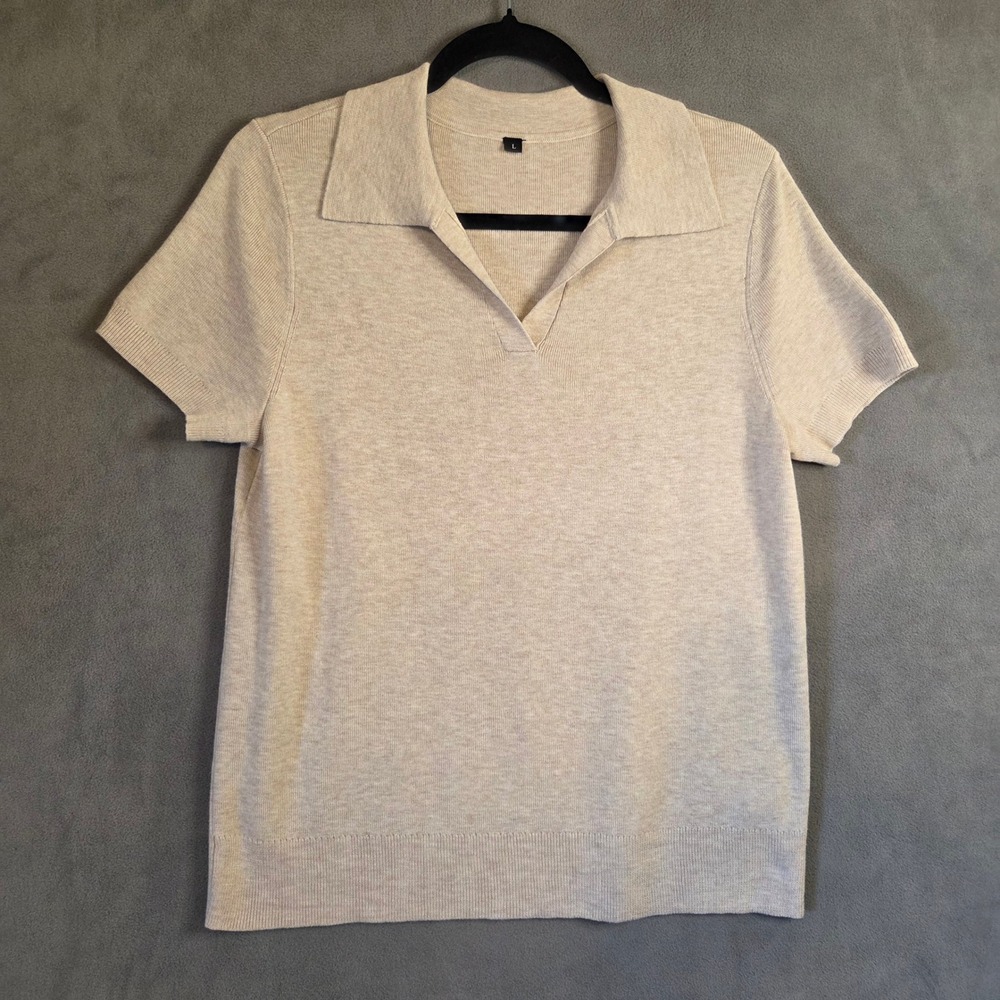 ARACH&CLOZ Short Sleeve Polo Sweater Women's Large Preppy Quiet Luxury Coastal